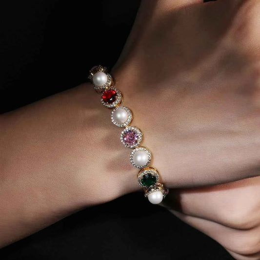 Iced Colorful CZ Chain Bracelets with Spring Clasp for Women Fashionable Round Cut Gemstones Necklaces Jewelry