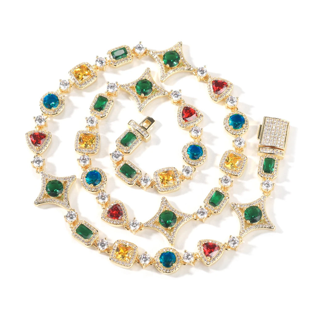 Iced Out Rainbow Necklace for Women Heart/Star/Square Gemstones Link Chain Bracelets Fashion Hip Hop Jewelry Dabfavshop