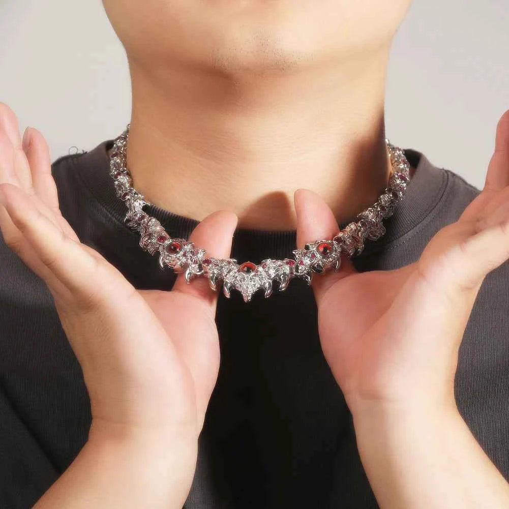 Red Eyes Necklaces for Men Iced Out Thrilled Claws Red Cubic Zirconia Chain Necklace