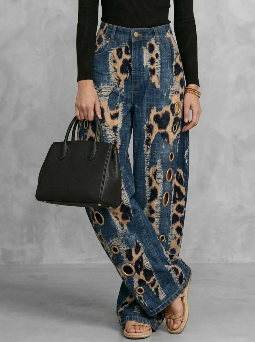 Women High Waist Leopard Print Distressed Eyelet Hole Wide Leg Jeans Daily Casual Streetwear Demin Pants