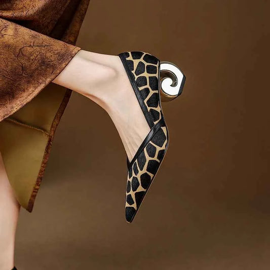 Women's New Genuine Leather Leopard Print Pointed Gold-Plated Heel