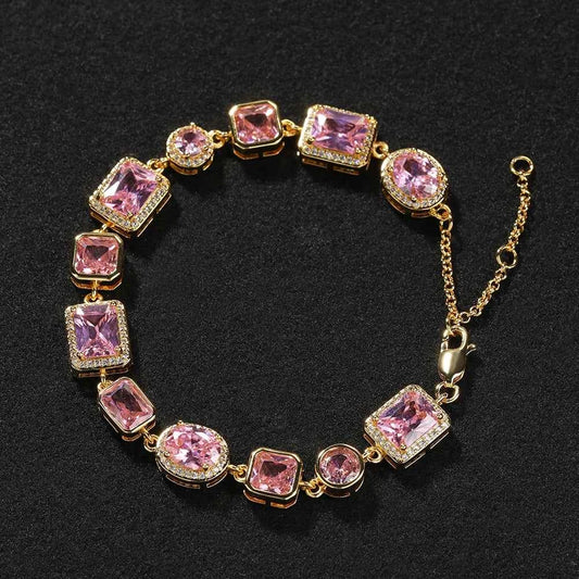 Iced Pink CZ Stones Tennis Bracelets with Extension for Women Slim Chain Bracelets