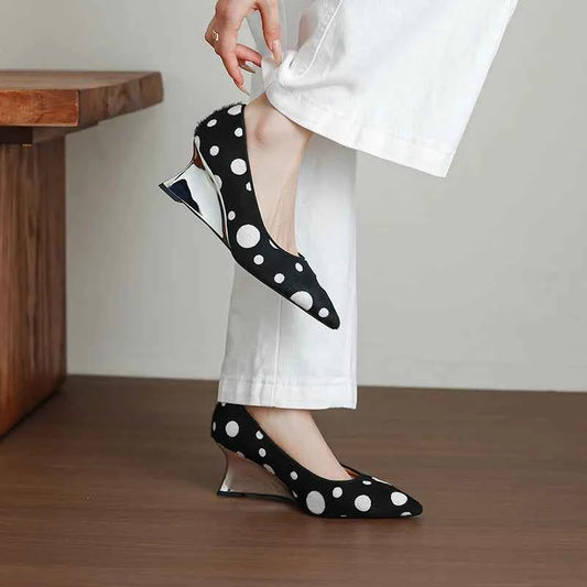 Genuine Leather Women Shoes,Pointed Toe Shallow Slip On Polka Dot High Heels