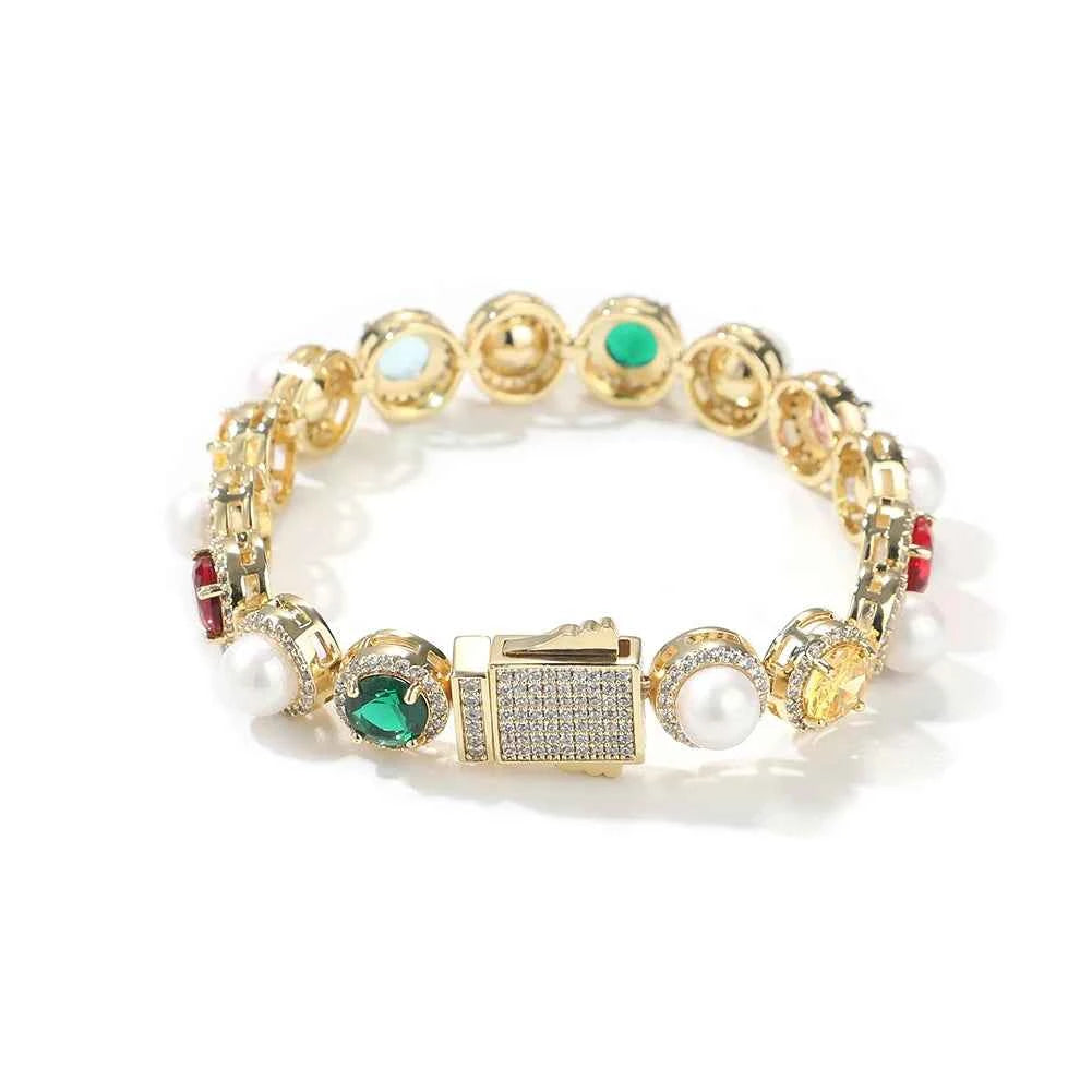 Iced Colorful CZ Chain Bracelets with Spring Clasp for Women Fashionable Round Cut Gemstones Necklaces Jewelry