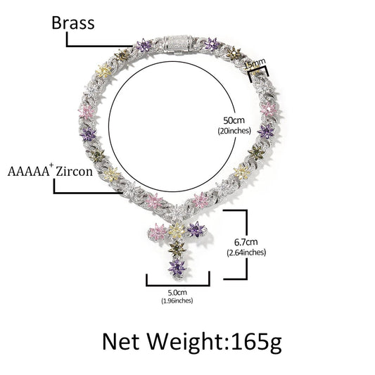 Colorful Flower Cuban Chain Full Paved Iced Out Bling Cubic Zirconia Cross Charms Baguette CZ Cuban Chain Dabfavshop