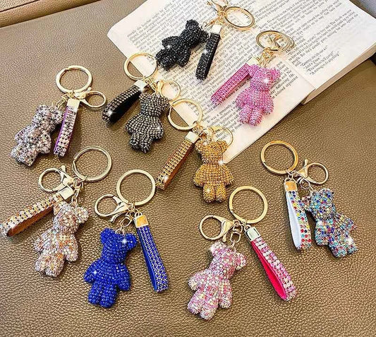 Rhinestone Bear Keychain Pendant Handmade Metal Keyring for Women Men Car Anime Animal Themed Accessory Unisex Key Chain Gift