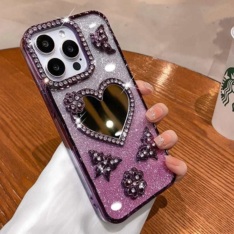 Bling Rhinestone Mirror Cover Case for iPhone 16 pro Max 15 plus Glitter Diamond Encrusted Butterfly Design Shockproof Anti-Knock Dabfavshop