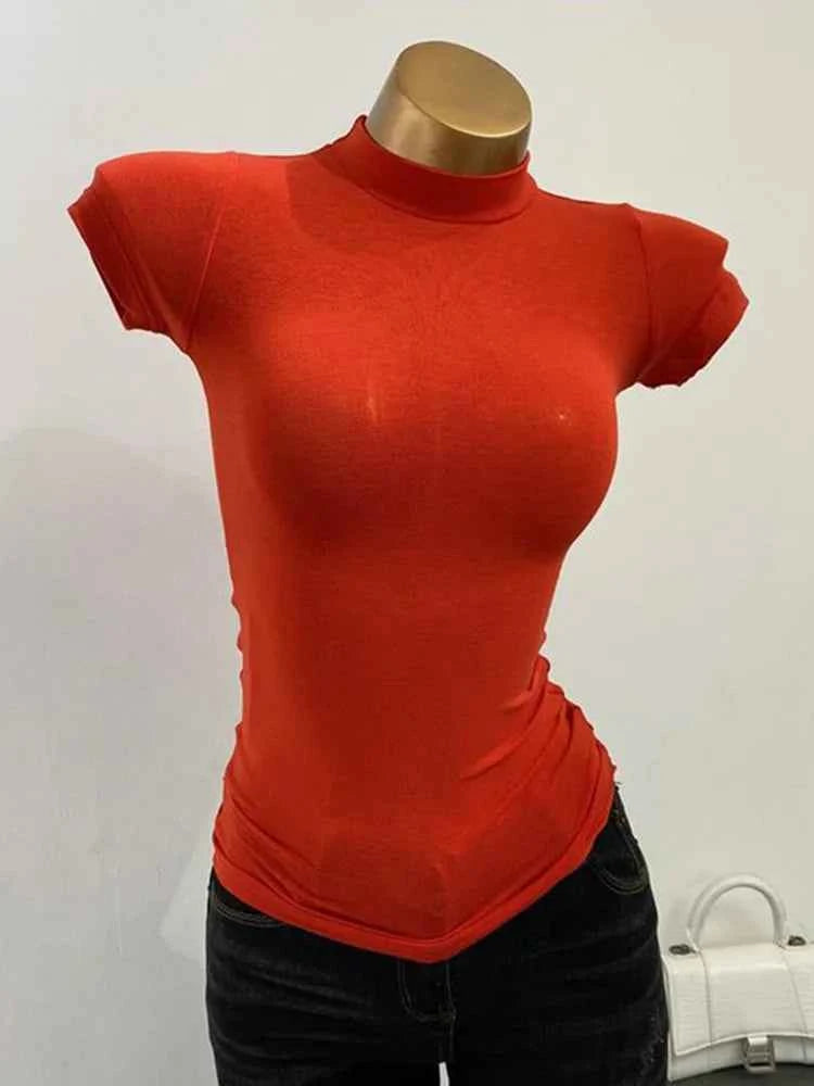 Half-high Collar T-shirt Transparent Short-sleeved Slim-fit Elastic T-shirt
