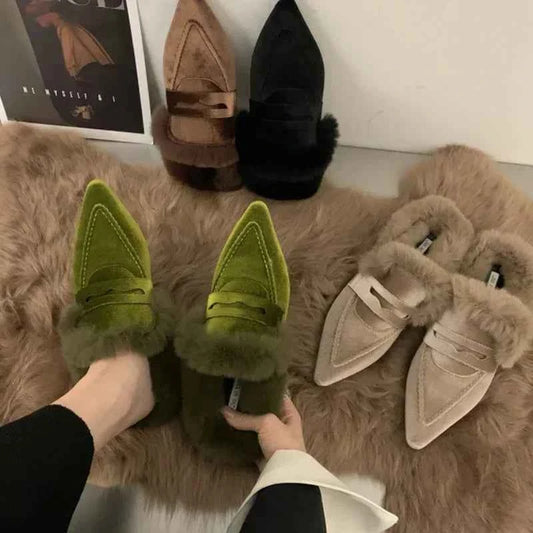 Women Luxury Velvet Mules Pointy Toe Slip-on Fur Sandals Ladies New Brand Design Outdoor Furry Slides Evening Party Heeled Shoes