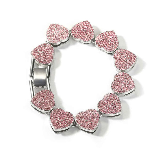 4 Pcs/Set Silver Pink Color Bracelets for Women 7/8 Inches Zinc Alloy Rhinestones Bracelets Set Heart/Round Shape Bracelets