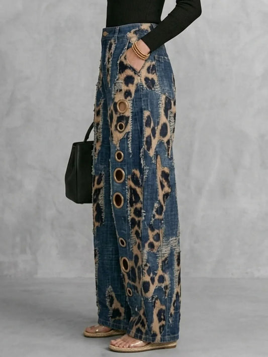Women High Waist Leopard Print Distressed Eyelet Hole Wide Leg Jeans Daily Casual Streetwear Demin Pants