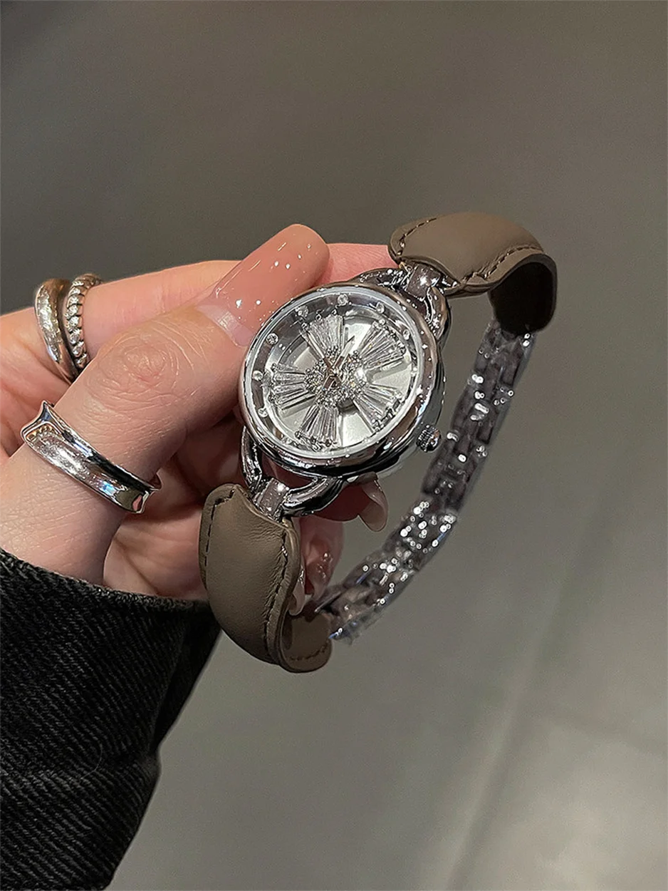 Rotating Women Watch Leather Splicing Metal Strap