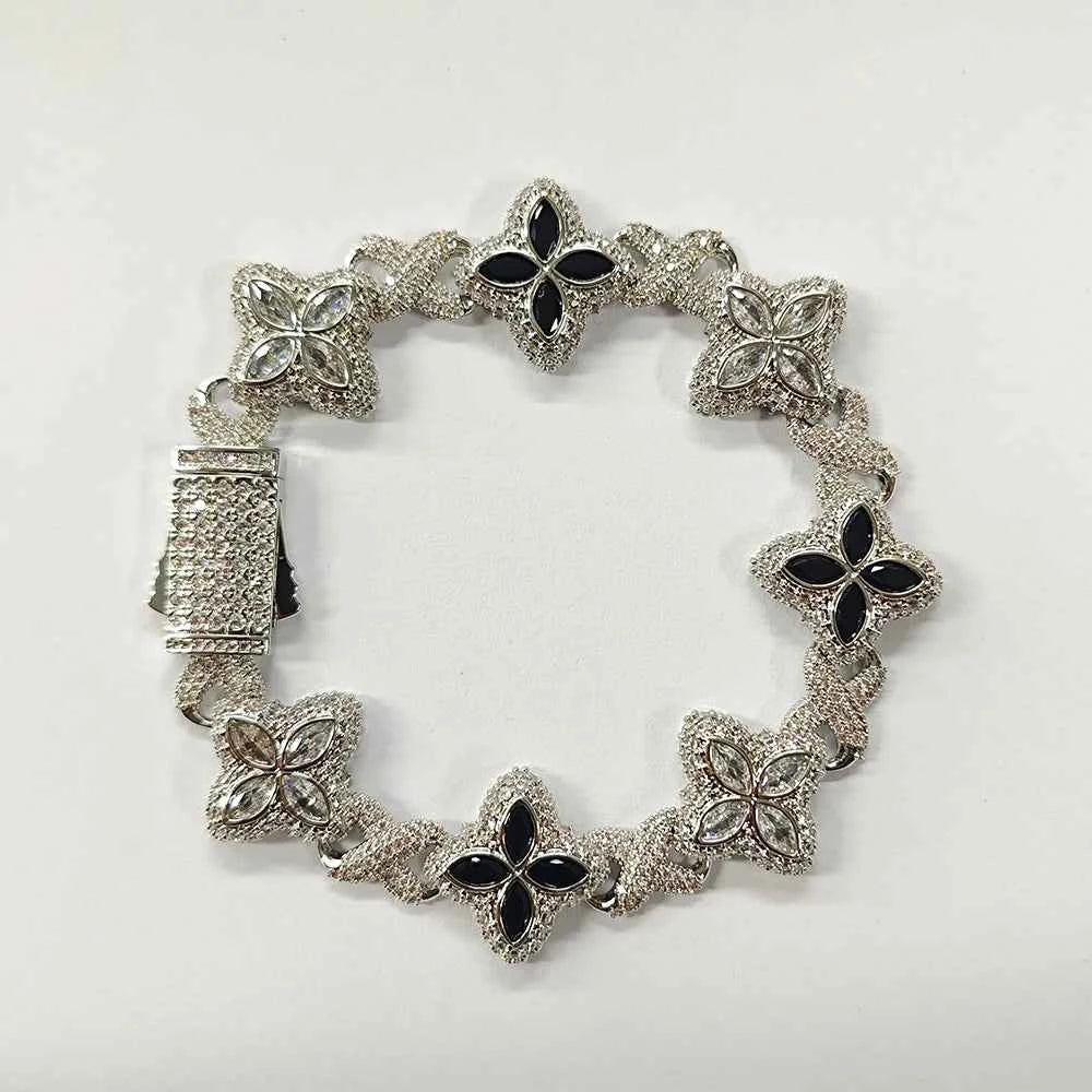 2 Tone Black and Clear Baguettecz Floral Bracelets with Infinity Chain Iced Cuban Link Chain