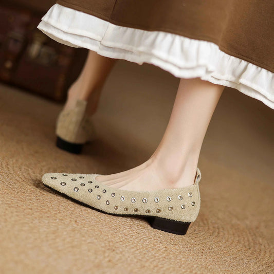 Genuine Leather Women Square Toe Low Heel Hollow Breathable Metal Rivet Sandals