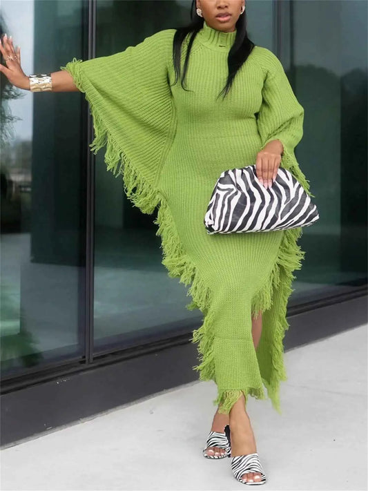 Fringe Trim Batwing Sweater Dress