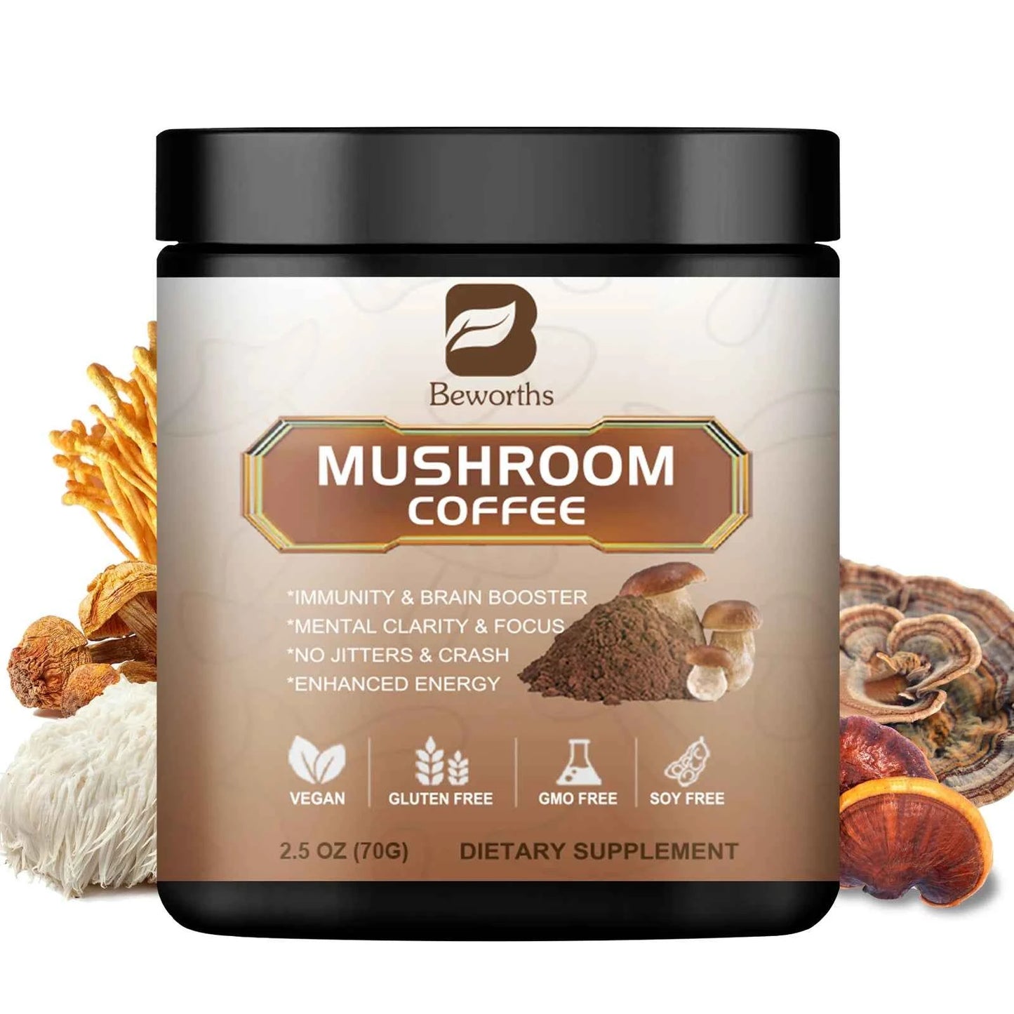Mushroom Coffee Mixed Reishi & Lion's Mane Mushrooms Support Immunity and Focus Health Boost Memory 10 in 1