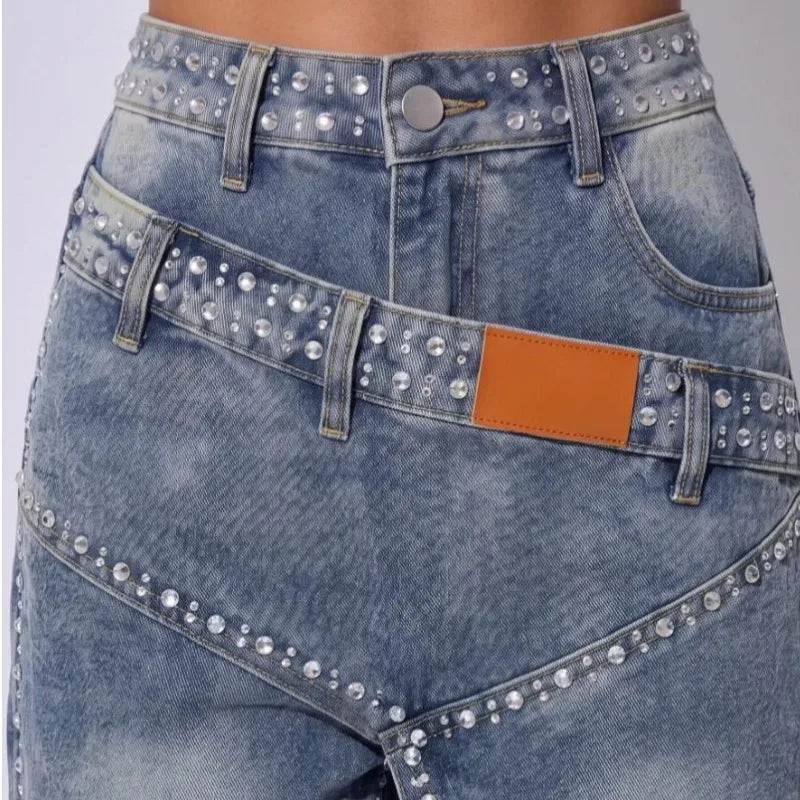 Rhinestone Wide Leg American High Waist Gradient Wash Split Design Loose Denim Trousers