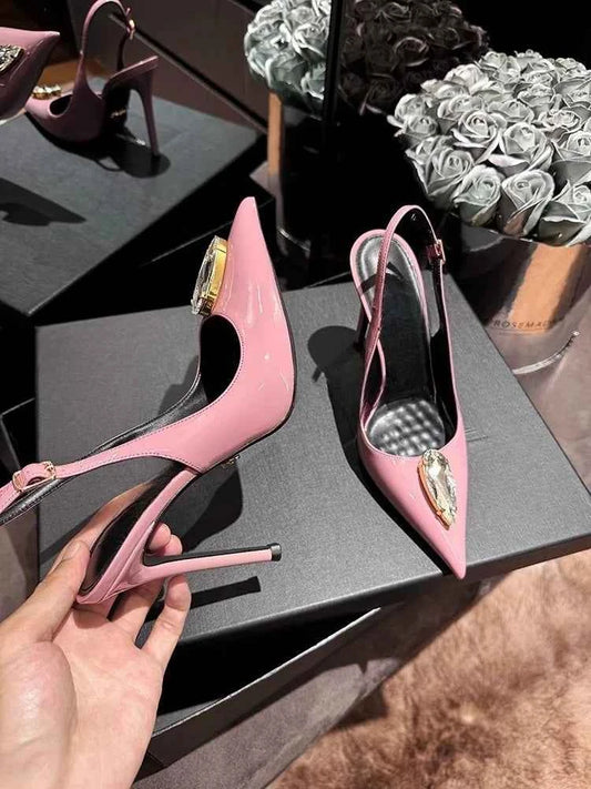 Rhinestone Pointed Fine Heels, Straight Buckle Toe Sandals for Women