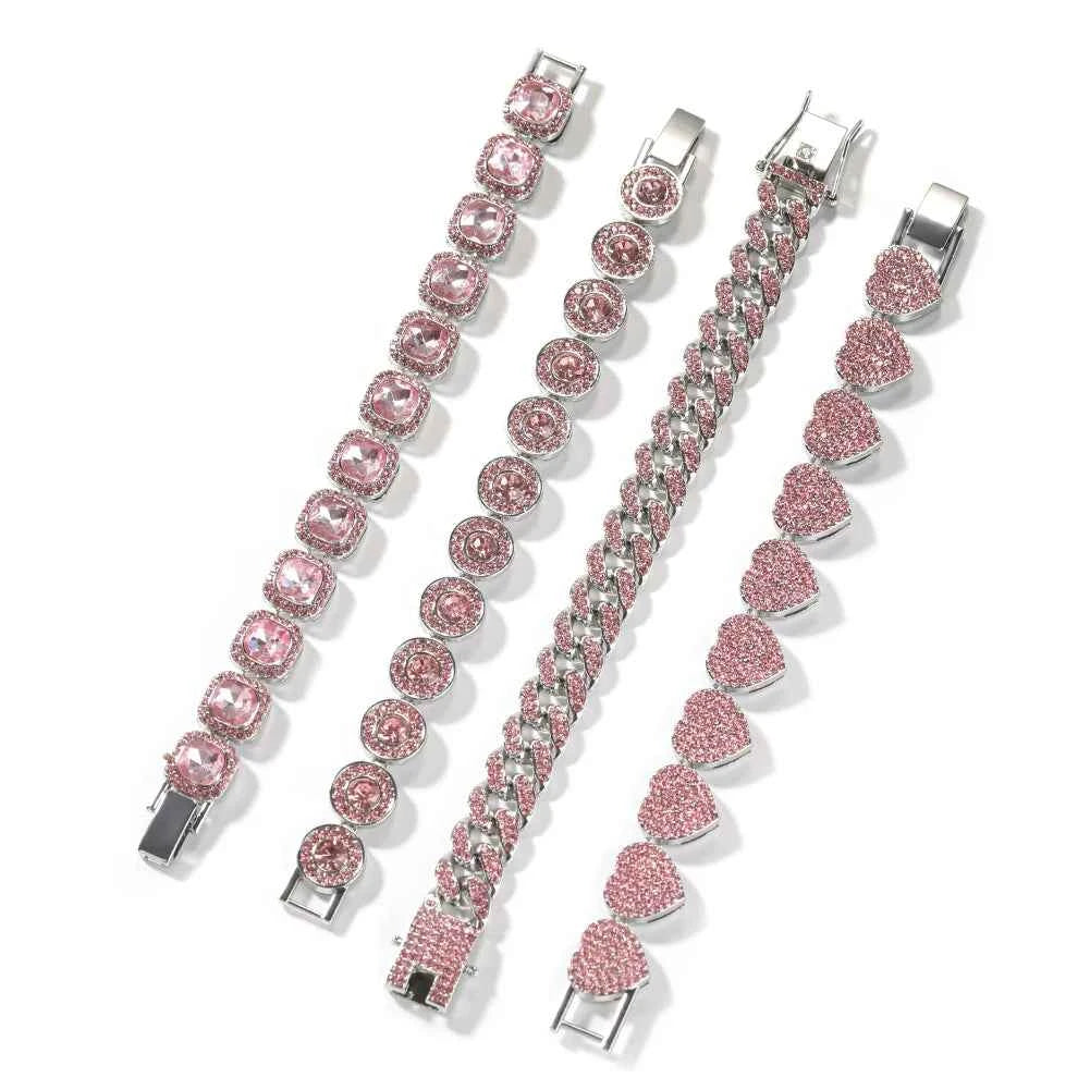 4 Pcs/Set Silver Pink Color Bracelets for Women 7/8 Inches Zinc Alloy Rhinestones Bracelets Set Heart/Round Shape Bracelets