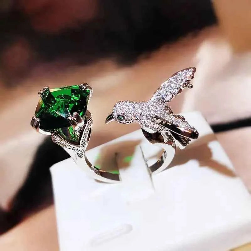 Creative Colored Gemstone Women Aquamarine Hummingbird Ring 925