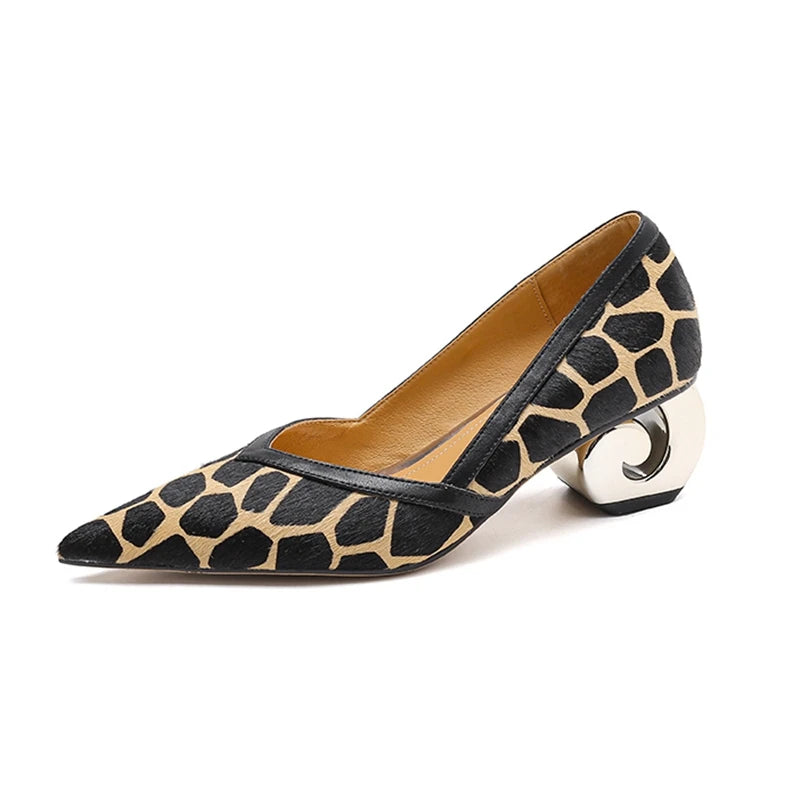 Women's New Genuine Leather Leopard Print Pointed Gold-Plated Heel