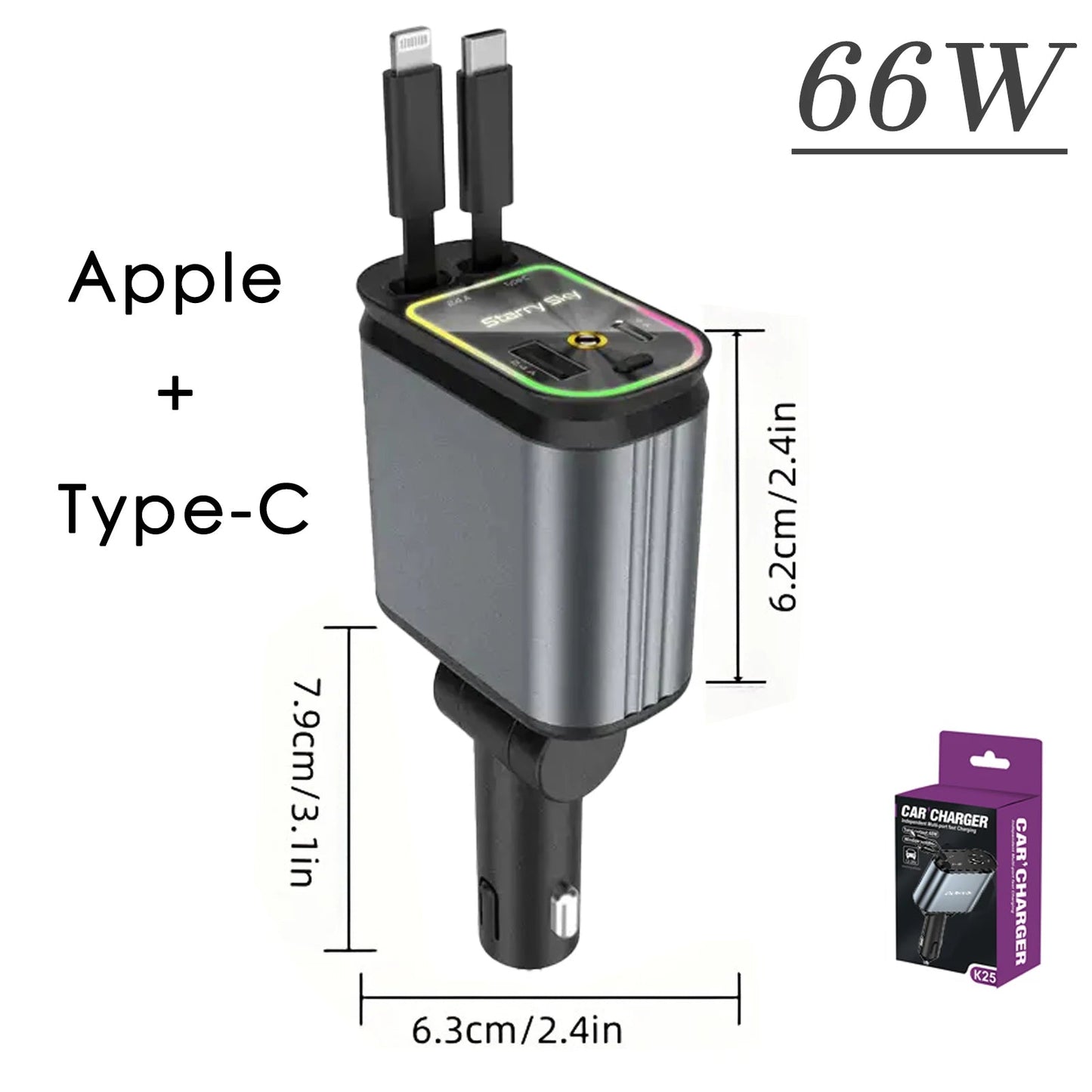 Dabfavshop 66W Dual Port Car Charger with Apple and Type-C Connector, best retractable charger for cars