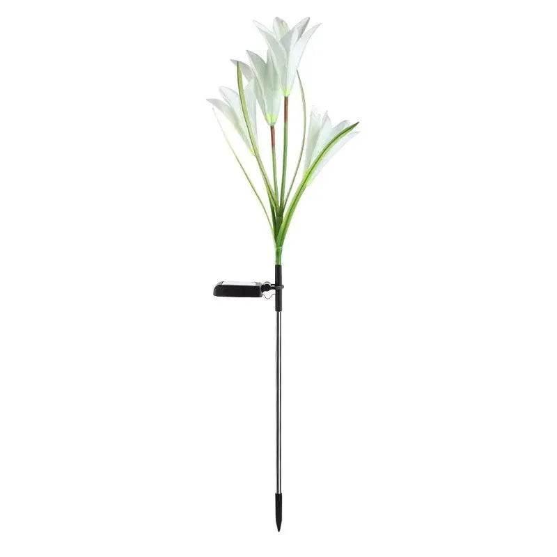 Outdoor solar lily garden lights with bright white petals for illuminating pathways and gardens at night
