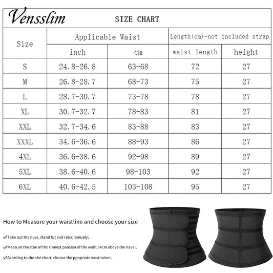 Size chart for Vensslim waist trainer for men with measurements for various sizes