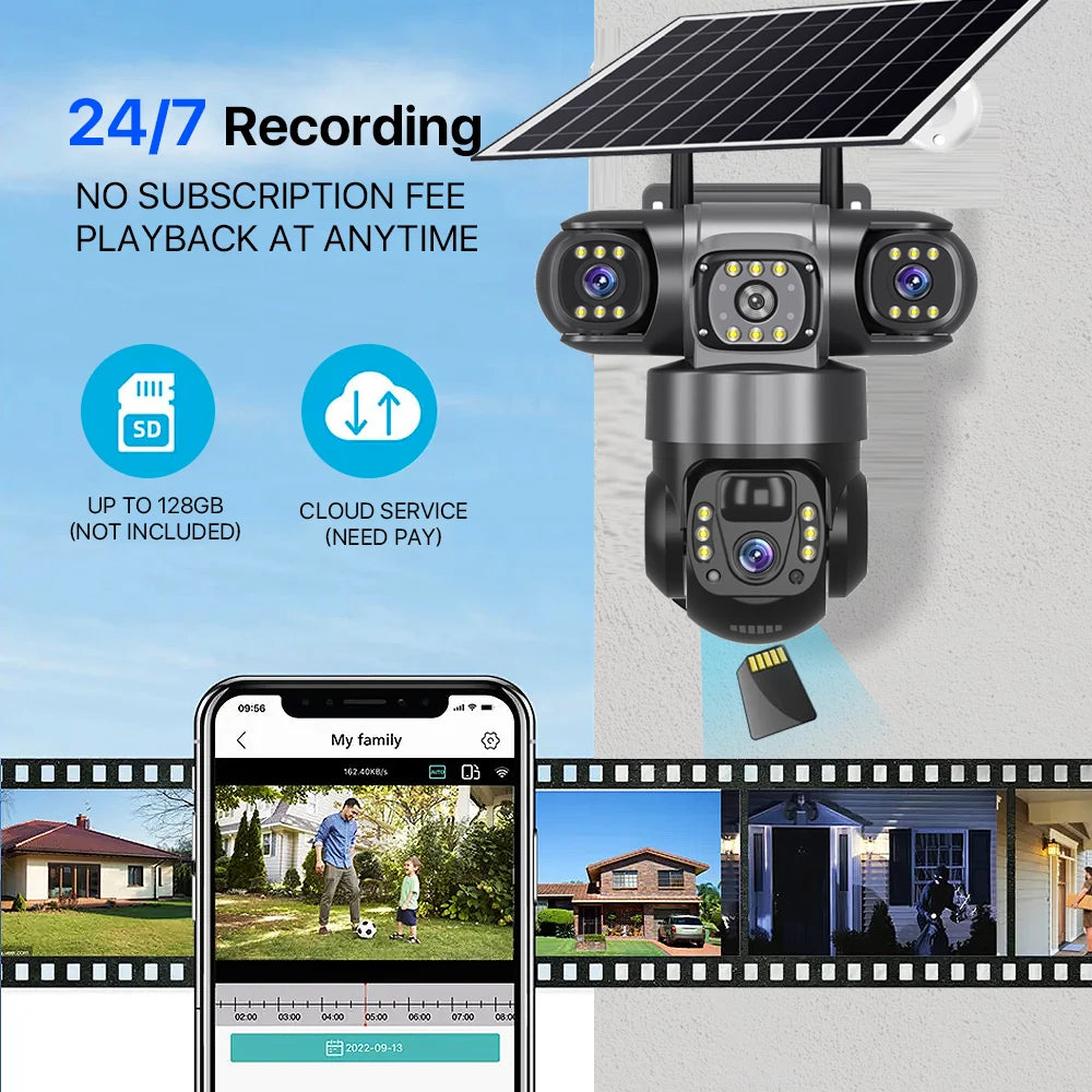 Dabfavshop 360 Degree Dome Camera with solar panel, 24/7 recording, and mobile app access for security monitoring