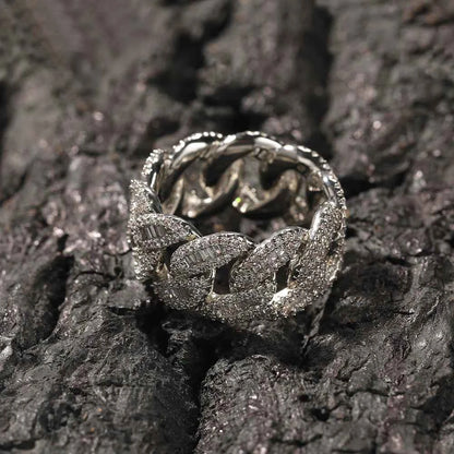 12mm Cuban Link Rings Iced Out Baguettes Ring for Men Cubic Zircon Silver Color Ring Fashion Hip Hop Jewelry for Gift