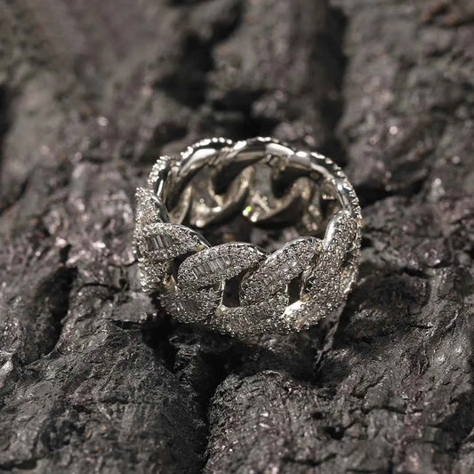 12mm Cuban Link Rings Iced Out Baguettes Ring for Men Cubic Zircon Silver Color Ring Fashion Hip Hop Jewelry for Gift