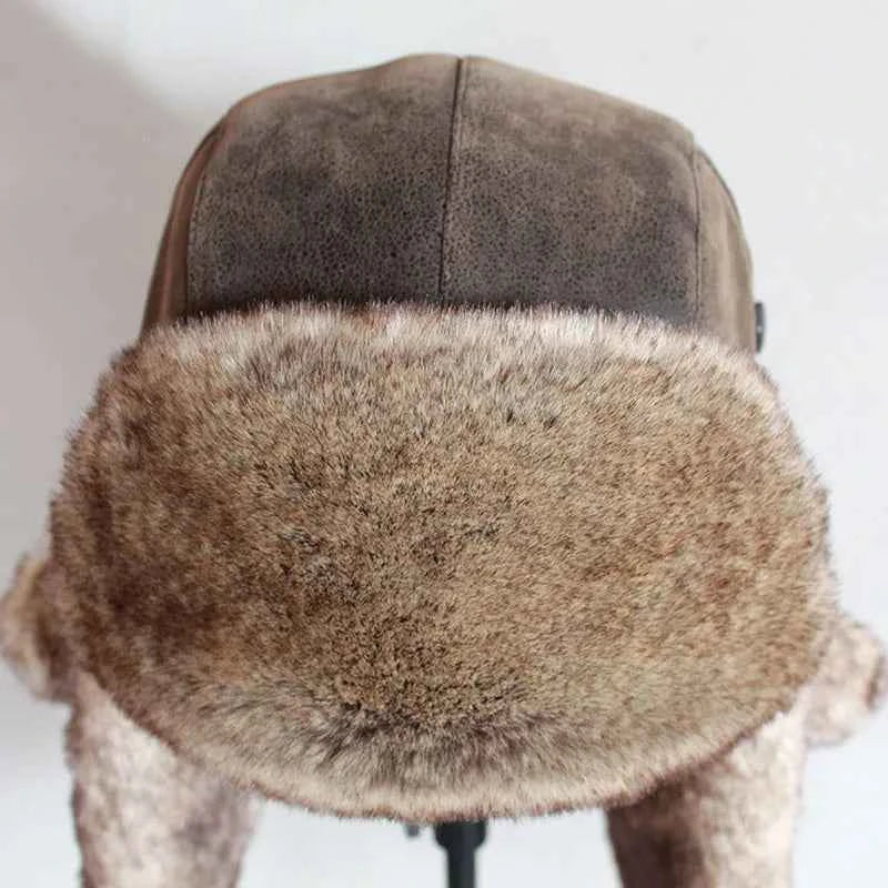 Bomber Winter Hats For Men, Russian Ushanka Hat with Ear Flap Pu Leather Cap