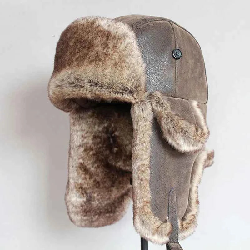 Bomber Winter Hats For Men, Russian Ushanka Hat with Ear Flap Pu Leather Cap