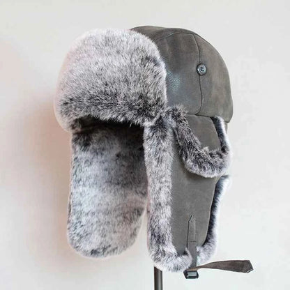 Bomber Winter Hats For Men, Russian Ushanka Hat with Ear Flap Pu Leather Cap