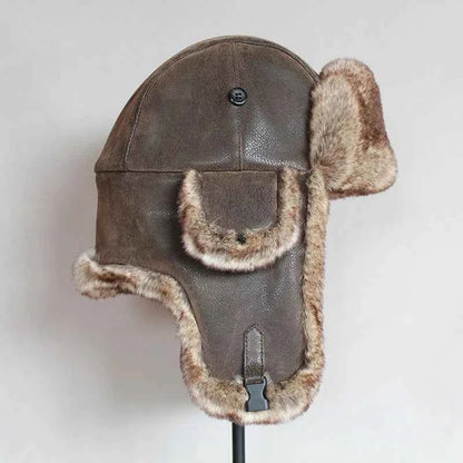 Bomber Winter Hats For Men, Russian Ushanka Hat with Ear Flap Pu Leather Cap