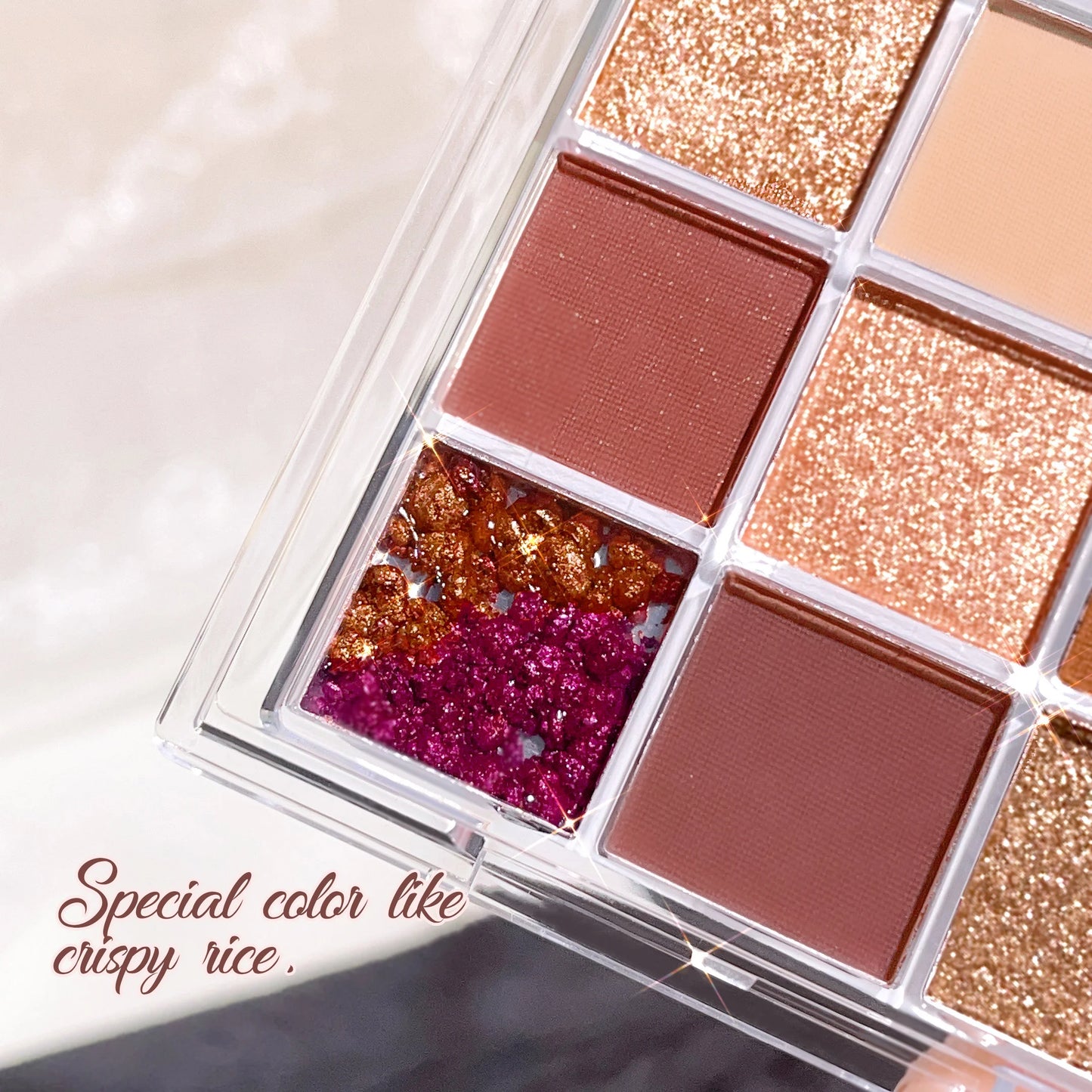 Summer 9 color eyeshadow palette: Orange brown, pink and gold, matte shimmer effect