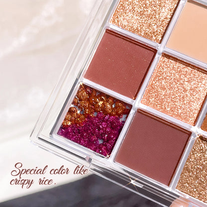 Summer 9 color eyeshadow palette: Orange brown, pink and gold, matte shimmer effect