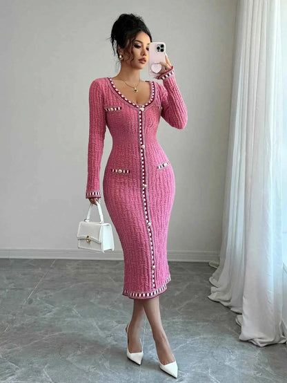 Pink Knit Long Sleeve Button-Up Dress
