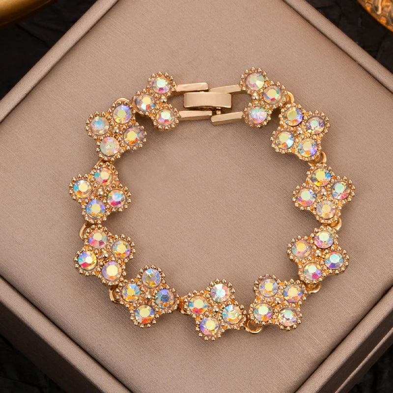 CDD New Sparkling Rhinestone Four Leaf Clover Hand Bracelet for Women Girls Luxury Crystal Bangle Adjustable Wrist Jewelry Gifts Dabfavshop