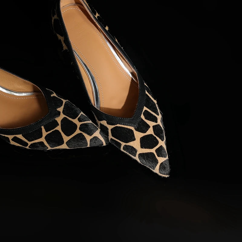 Women's New Genuine Leather Leopard Print Pointed Gold-Plated Heel