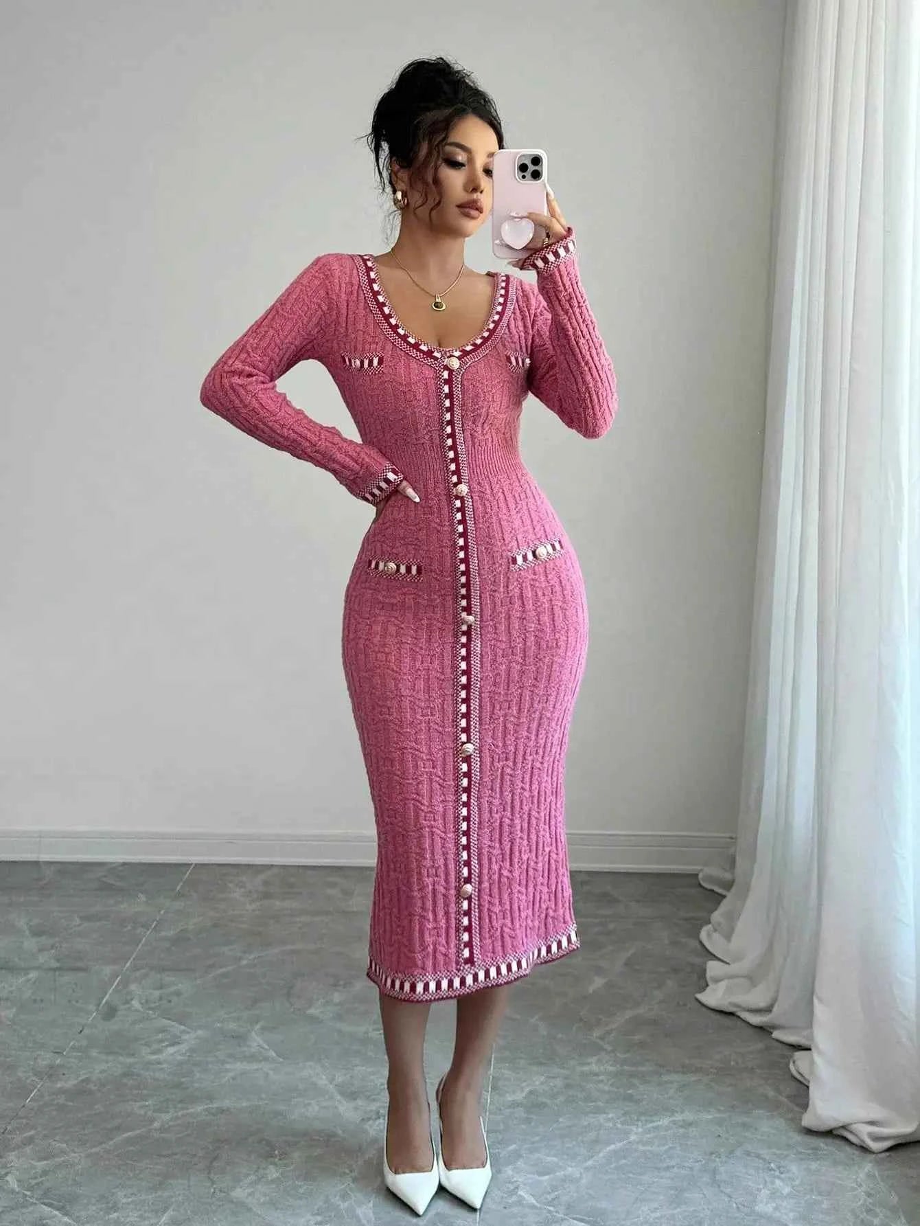 Pink Knit Long Sleeve Button-Up Dress
