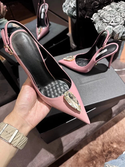 Rhinestone Pointed Fine Heels, Straight Buckle Toe Sandals for Women