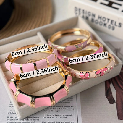 Sweet Pink Enamel Dropped Glaze Flower Texture Bracelet For Women Retro Leaf Star Floral Embossed Zircon Bangle Party Jewelry