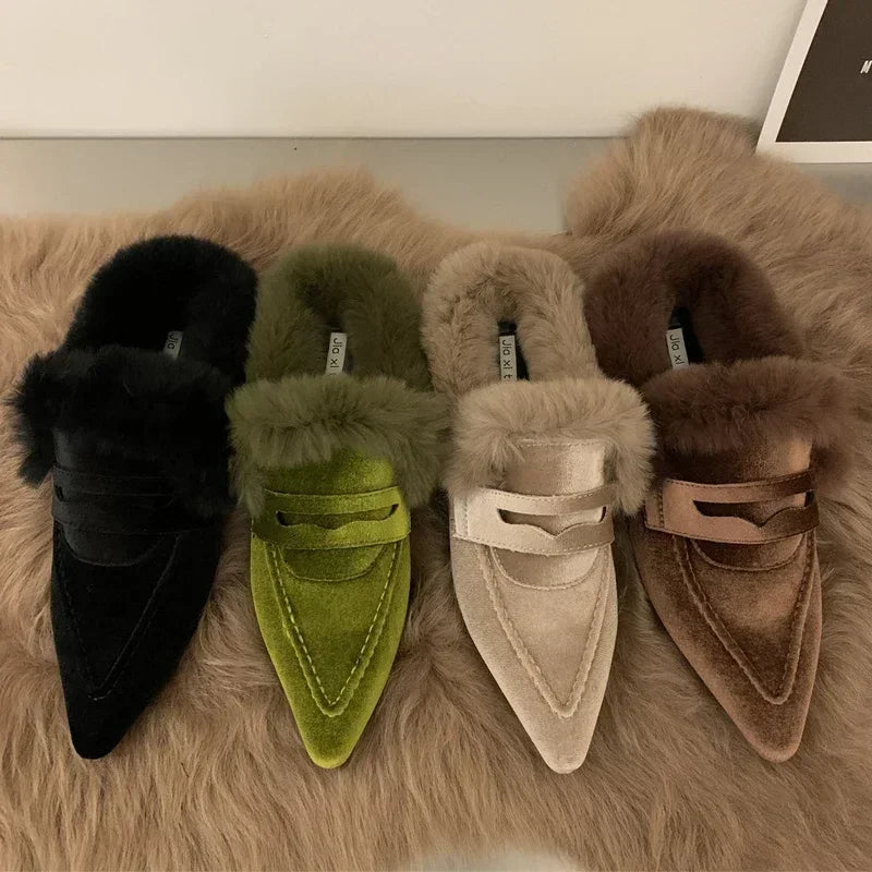 Women Luxury Velvet Mules Pointy Toe Slip-on Fur Sandals Ladies New Brand Design Outdoor Furry Slides Evening Party Heeled Shoes
