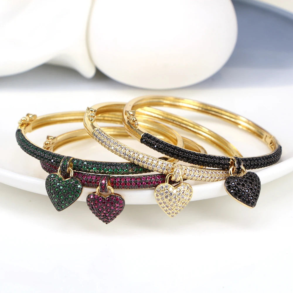 New Fashion Elegant Gold Color Heart Pendant Bangle Jewelry Crystal Zircon Bracelets Lover Romantic Wedding Gift Wholesale