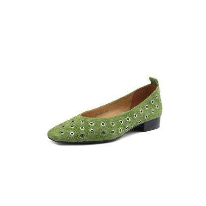 Genuine Leather Women Square Toe Low Heel Hollow Breathable Metal Rivet Sandals