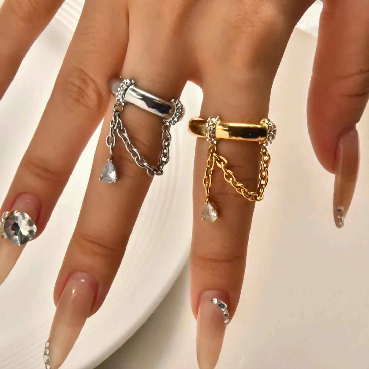 Stainless Steel 18k Gold Plated Tassel Drop Zircon Pendant Cz Stone Rings