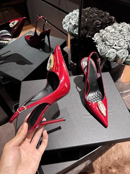 Rhinestone Pointed Fine Heels, Straight Buckle Toe Sandals for Women