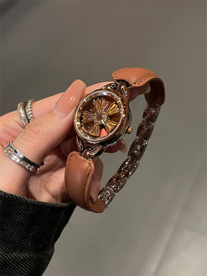Rotating Women Watch Leather Splicing Metal Strap