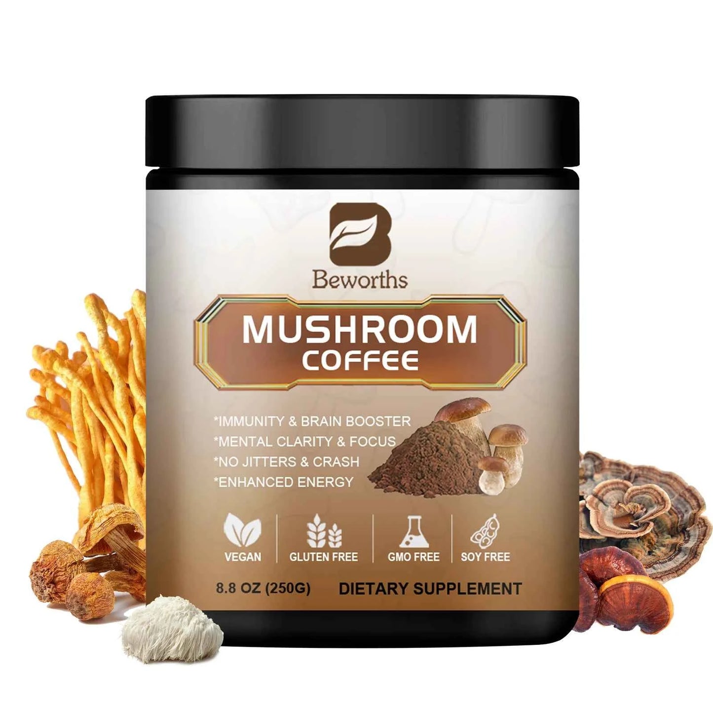 Mushroom Coffee Mixed Reishi & Lion's Mane Mushrooms Support Immunity and Focus Health Boost Memory 10 in 1